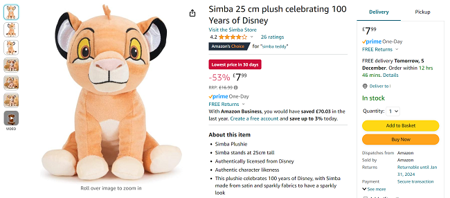 Screenshot showing Simba 100 Years Of Disney 25cm Plush for £7.99 at Amazon