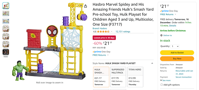 Screenshot showing Hasbro Marvel Spidey and His Amazing Friends Hulk’s Smash Yard for £21.17 at Amazon
