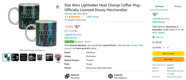 Screenshot showing Star Wars Lightsaber Heat Change Mug for £6 at Amazon