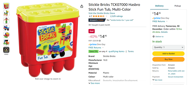 Screenshot showing Stickle Bricks Fun Tub for £14.46 at Amazon