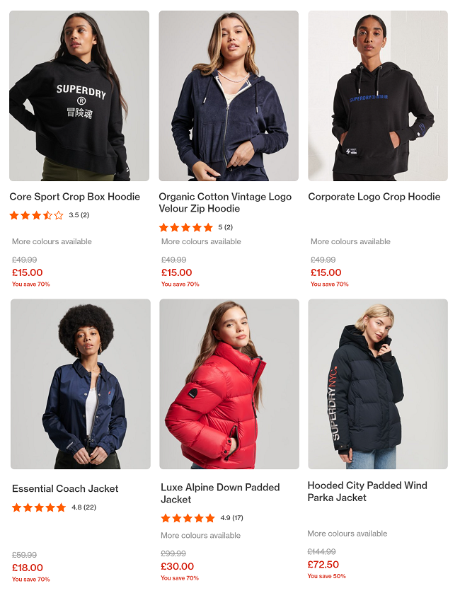 Screenshot of women's sale items at Superdry