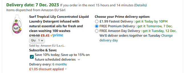 Screenshot showing Surf Tropical Lily Concentrated Liquid Laundry Detergent 100 Wash for £9.45 at Amazon