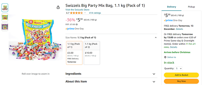Screenshot showing Swizzels Big Party Mix Bag 1.1kg for £5 at Amazon