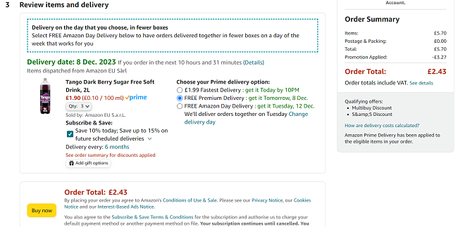 Screenshot showing Tango Dark Berry Sugar Free Soft Drink 2L 3 for £2.43 at Amazon