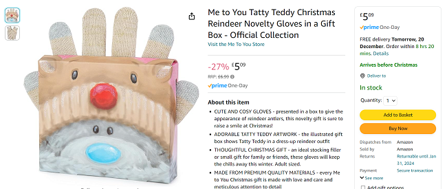 Screenshot showing Me to You Tatty Teddy Christmas Reindeer Novelty Gloves in a Gift Box for £5.09 at Amazon