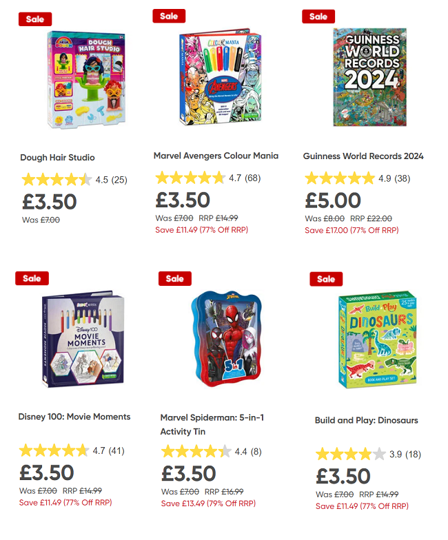 Screenshot of sale items at The Works