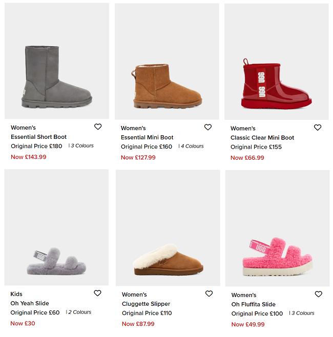 Screenshot of sale items at UGG