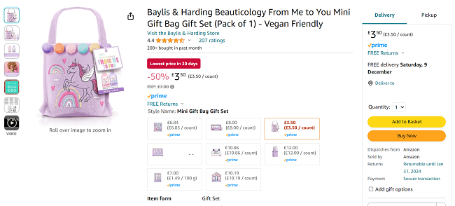Screenshot showing Baylis & Harding Beauticology From Me to You Unicorn Bag Gift Set for £3.50 at Amazon