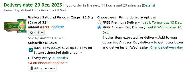 Screenshot showing Walkers Salt and Vinegar Crisps, 32.5 g (Case of 32) for £8.72 at Amazon