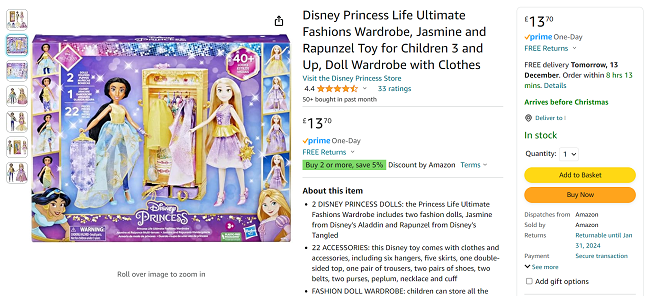 Screenshot showing Disney Princess Ultimate Fashions Wardrobe with Jasmine and Rapunzel Dolls for £13.70 at Amazon