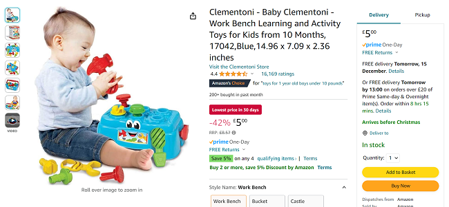 Screenshot showing Baby Clementoni Work Bench for £5 at Amazon