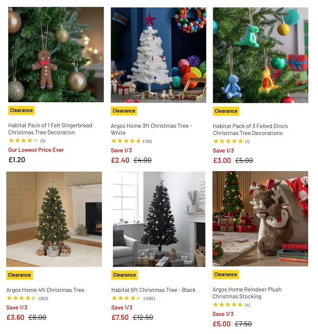 Screenshot of Christmas decorations clearance at Argos