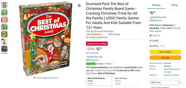 Screenshot showing The Best of Christmas Family Board Game for £6.99 at Amazon