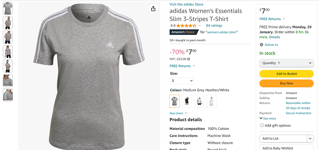 Screenshot showing Adidas Women's Essentials Slim 3-Stripes T-Shirt Grey for £7 at Amazon