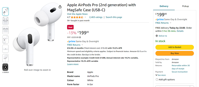 Screenshot showing Apple AirPods Pro (2nd Gen) with MagSafe Case for £199 at Amazon