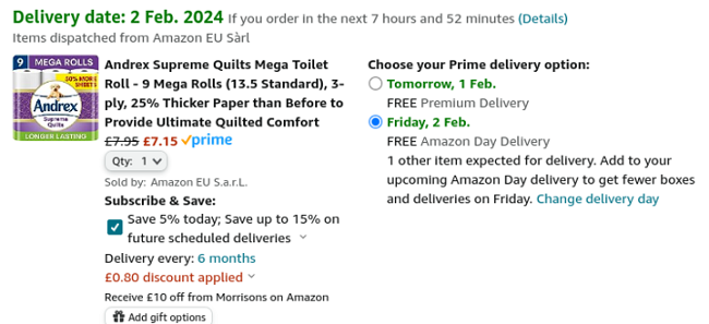 Screenshot showing Andrex Supreme Quilts 9 Mega Toilet Rolls for £7.15 at Amazon