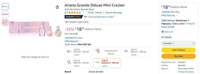 Screenshot showing Ariana Grande Deluxe Mini Cracker for £18.79 at Amazon