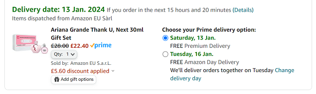 Screenshot showing Ariana Grande Thank U, Next 30ml Gift Set for £22.40 at Amazon