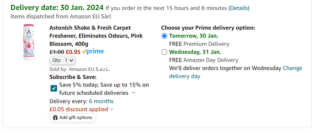 Screenshot showing Astonish Shake & Fresh Carpet Freshener Pink Blossom 400g for 95p at Amazon