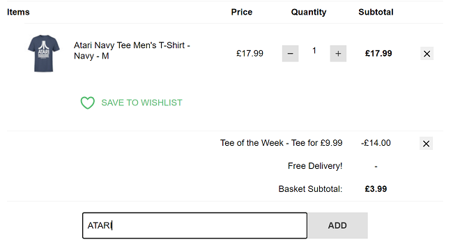 Screenshot showing Atari Navy Tee Men's T-Shirt for £3.99 delivered with code at Zavvi