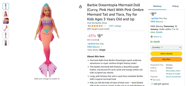 Screenshot of Barbie Dreamtopia Mermaid Doll for £8 at Amazon