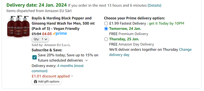 Screenshot showing Baylis & Harding Hand Wash 500ml Pack of 3 for £4.03 at Amazon