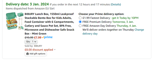 Screenshot showing BIBURY 1550ml Leakproof Stackable Bento Box for £7.99 with code at Amazon/BIBURY