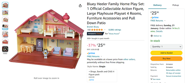 Screenshot showing Bluey Heeler Family Home Play Set for £25 at Amazon