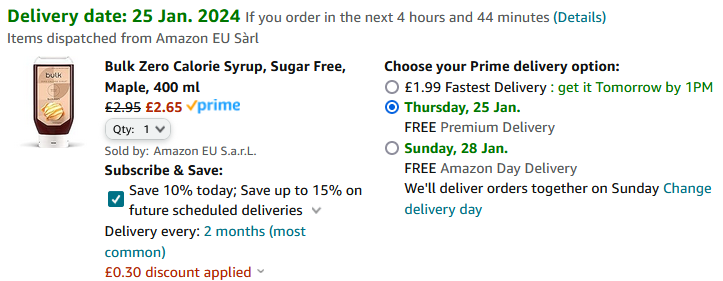 Bulk Zero Calorie Sugar Free Syrup Maple or Chocolate Caramel £2.65 @