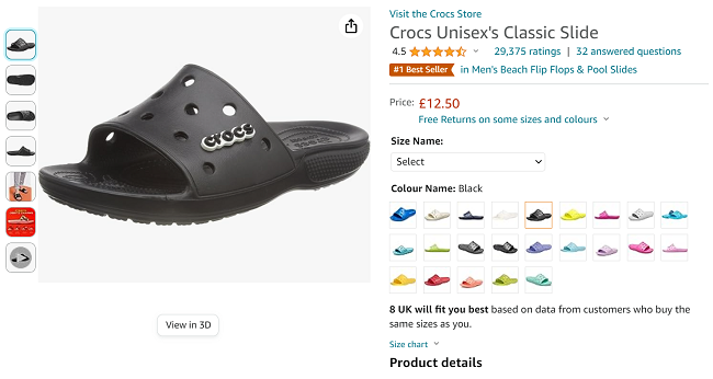 Screenshot of Crocs Unisex Classic Slide for £12.50 at Amazon