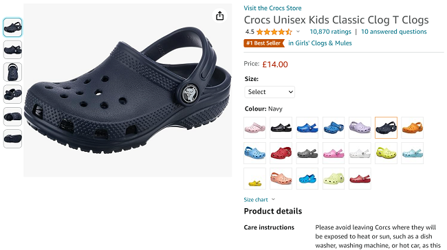 Screenshot showing Crocs Kids Classic Clogs Navy for £14 at Amazon