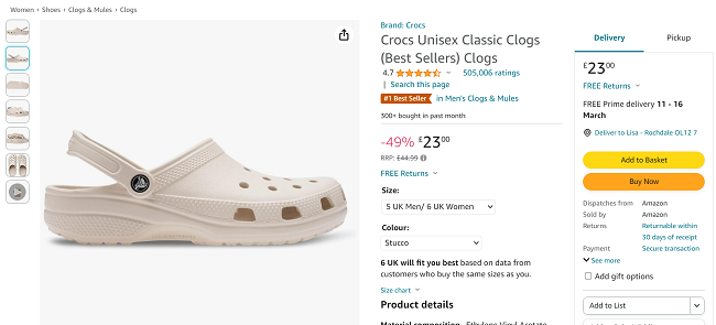 Screenshot showing Crocs Unisex Classic Clogs in Stucco for £23 at Amazon