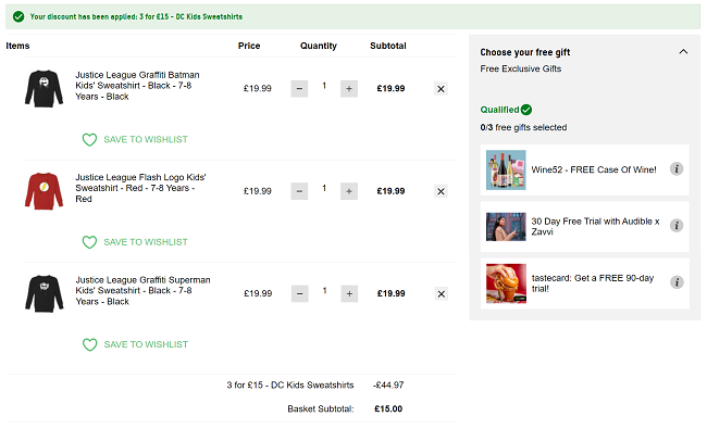 Screenshot showing Kids DC Sweatshirts 3 for £15 at Zavvi