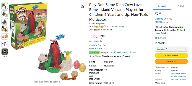 Screenshot showing Play-Doh Slime Dino Crew Lava Bones Island Volcano Playset for £7.99 at Amazon