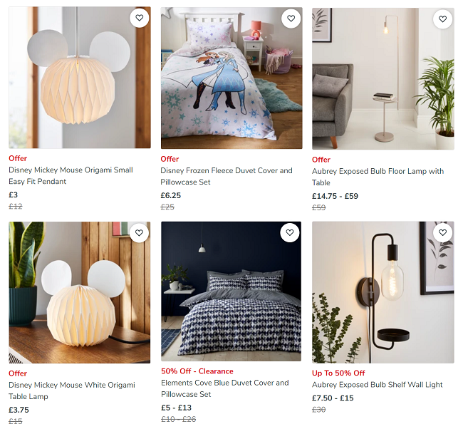 Screenshot showing sale items from Dunelm