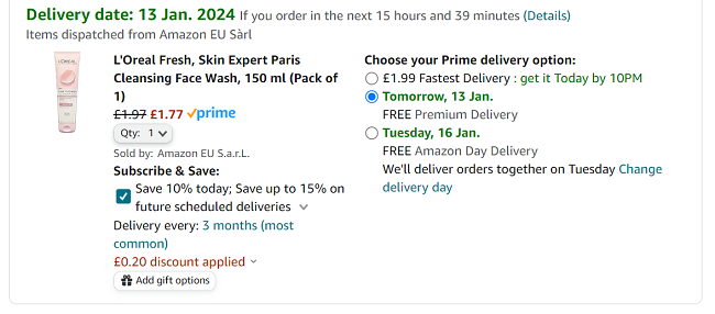 Screenshot showing L'Oréal Skin Expert Paris Cleansing Face Wash 150ml for £1.77 at Amazon
