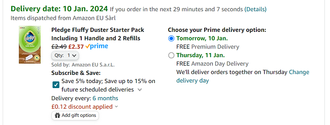 Screenshot showing Pledge Fluffy Duster Starter Pack Including 1 Handle and 2 Refills for £2.37 at Amazon