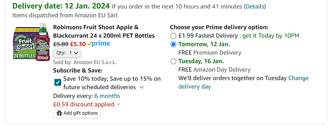 Screenshot showing Robinsons Fruit Shoot 24 x 200ml for £5.30 at Amazon