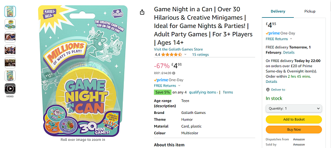 Screenshot showing Game Night in a Can for £4.93 at Amazon