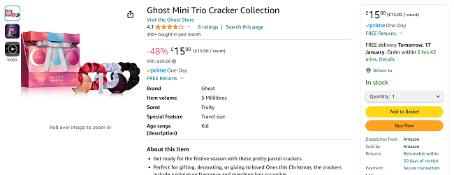 Screenshot showing Ghost Mini Trio Cracker Collection for £15 at Amazon