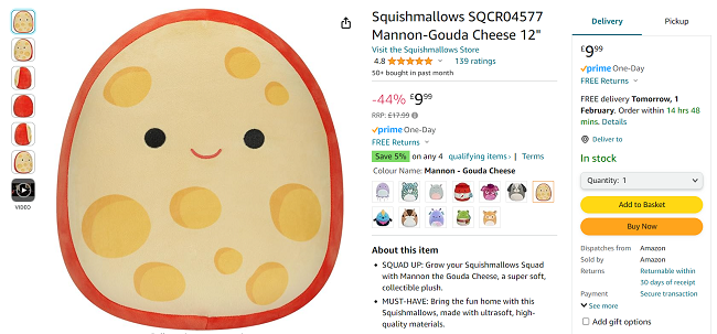 Screenshot showing Squishmallows 12 Inch Mannon the Gouda Cheese for £9.99 at Amazon