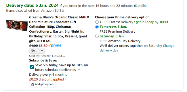 Screenshot showing Green & Black's Organic Classic Milk & Dark Miniature Chocolate Gift Collection 180g for £3.80 at Amazon