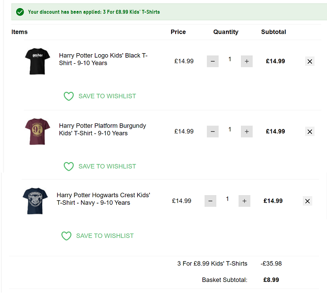 Screenshot showing 3 Harry Potter Kids T-Shirts for £8.99 at Zavvi