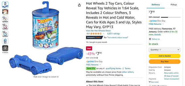 Screenshot showing Hot Wheels Colour Reveal 2 Pack for £7.99 at Amazon