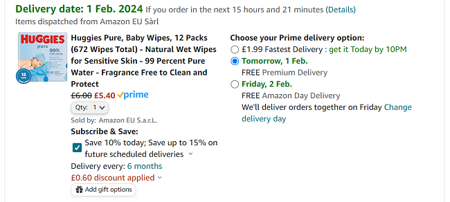 Screenshot showing Huggies Pure Baby Wipes 12 Packs for £5.40 at Amazon