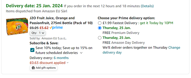 Screenshot showing J2O Fruit Juice, Orange and Passionfruit 275ml Bottle (Pack of 10) for £5.62 at Amazon