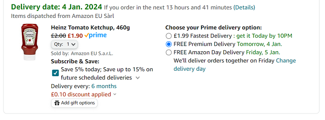 Screenshot showing Heinz Tomato Ketchup 460g for £1.90 at Amazon