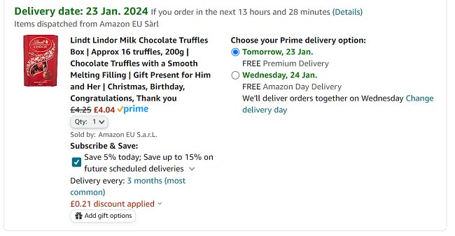 Screenshot showing Lindt Lindor Chocolate Truffles Box 200g for £4.04 at Amazon