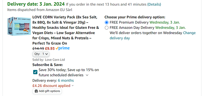 Screenshot of LOVE CORN Crunchy Corn Snack 20g x 24 Bags for £9.93 at Amazon