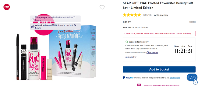 Screenshot showing MAC Frosted Favourites Beauty Gift Set for £38.25 at Boots